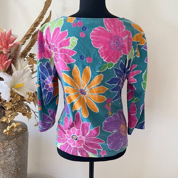Y2K Retro Floral Colorful Print 100% Cotton Stretch Top - Picture 4 of 8